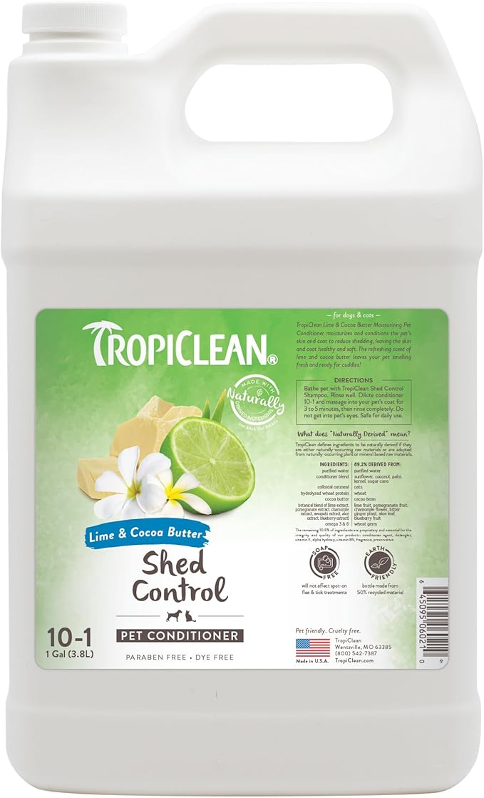 TropiClean Deshedding Dog Conditioner, Professional Conditioner, Reduces Shedding & Softens Coat, Puppy Safe, Lime & Cocoa Butter Scent, 1 Gallon