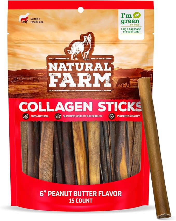 Natural Farm Peanut Butter Flavor Collagen Sticks for Dogs (6 Inch, 15 Pack), Long-Lasting Beef Collagen Sticks, Rawhide Alternative Chews with Chondroitin & Glucosamine, Low-Fat Dental Treats