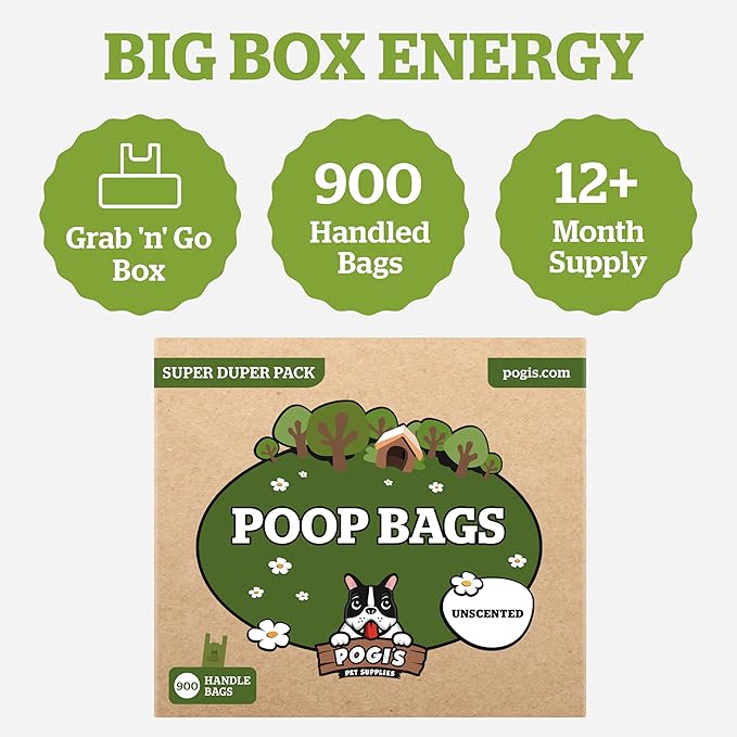 Pogi’s Dog Poop Bags with Handles – Extra-Thick, Leak-Proof, Large, Unscented, 900-Count