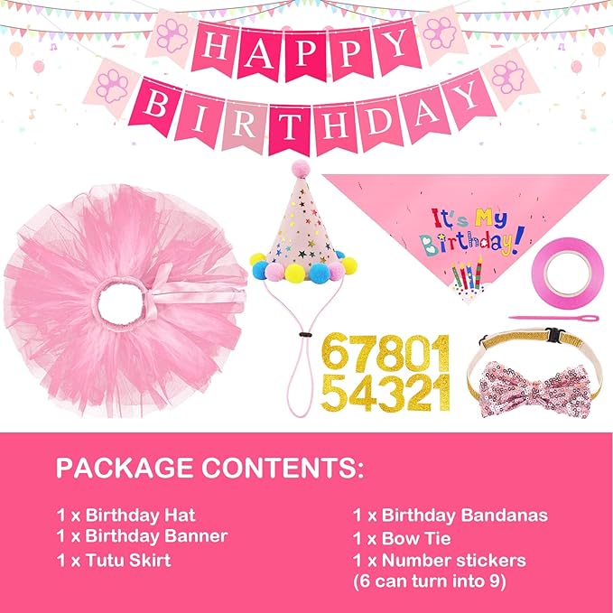 FunMular Dog Birthday Party Supplies Pink Dog Birthday Hat with Numbers Bandana Bow Tie Banner and Tutu Skirt for Small Medium Dogs Pets