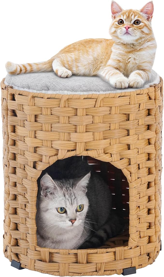 Cat House for Indoor Cat, Small Cat Houses Handwoven PE Rattan Kitten Cave, Pet Kitten Bed Covered, One Bed Pad, 13 x 13 x 13.7 Inches, Foldable Hideaway in Living Room Gray