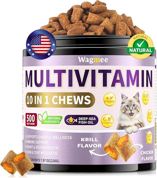 Cat Multivitamin with Fish Oil, 500 Crunchy & Creamy Chews - 10 In 1 Vitamins Supports Energy, Bone, Joint, Skin & Coat Health - with Omega 3s, Taurine, Biotin for Cat All Breeds & Ages - Krill Flavor