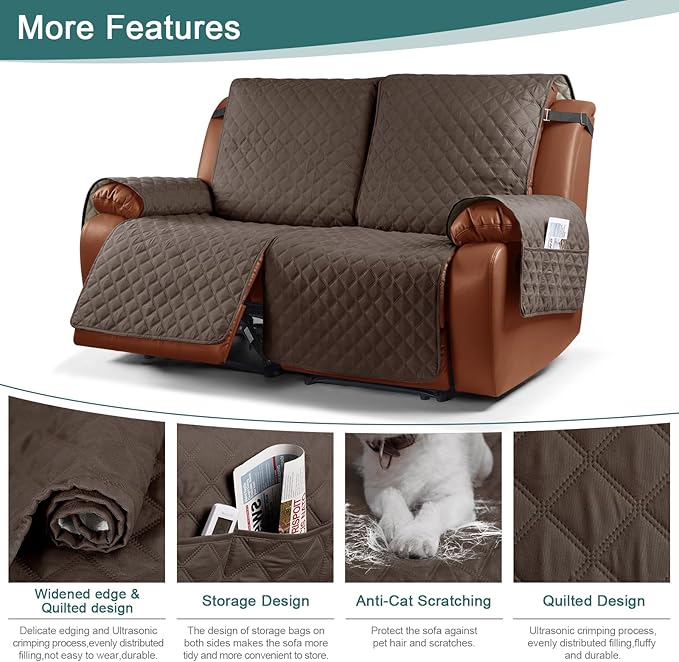 Ruaozz Waterproof Recliner Sofa Cover 1-Piece Couch Covers for Reclining Couches Reclining Sofa Cover Washable Furniture Protector with Elastic Straps Pocket for Kids, Pets (Brown, XL 2 Seater)
