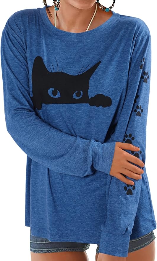 JINTING Cat Shirts for Women - Loose Fit Lightweight Long Sleeve Graphic Tee Fall Printed Crewneck Blouse Casual Tops