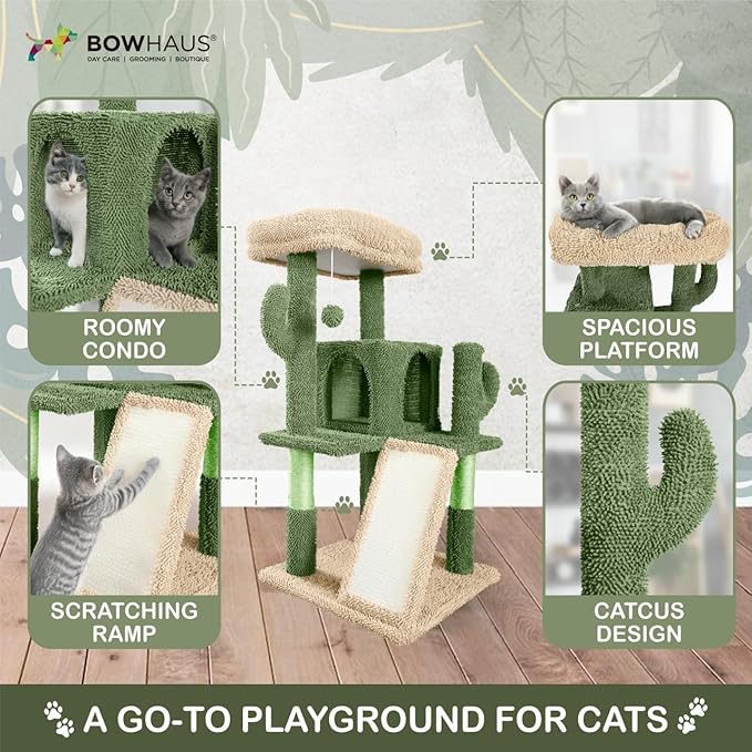 CAPHAUS Cactus Cat Tower for Indoor Cats, Cute 37-Inch Small Cactus Cat Tree w/Widened Perch for Large Cats & Kittens, Multi-Level Cat Activity Tree w/Scratching Posts & Ramp, 2-Door Cat Cave Condo
