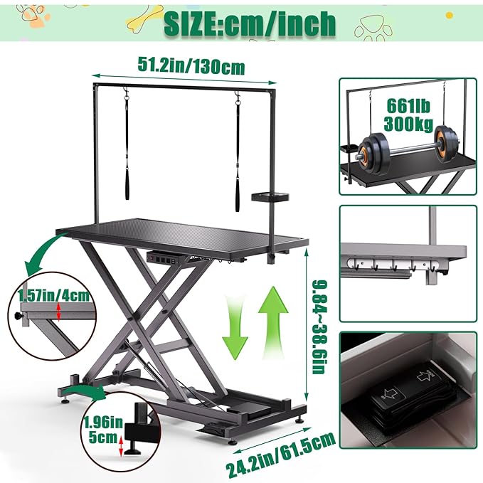 52in Electric Dog Grooming Table, Heavy Duty Adjustable Lift Grooming Table for Large Dogs, Capacity 660IB, with Tool Organizer, Foot Control, Anti Slip Tabletop (Black, 51.2 * 24.2INCH)