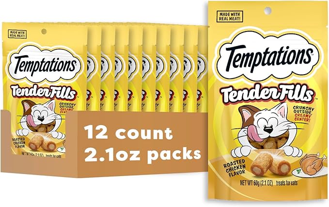 Temptations Tender Fills Crunchy and Soft Adult Cat Treats, Roasted Chicken Flavor, 2.1 oz. Pouch (Pack of 12)