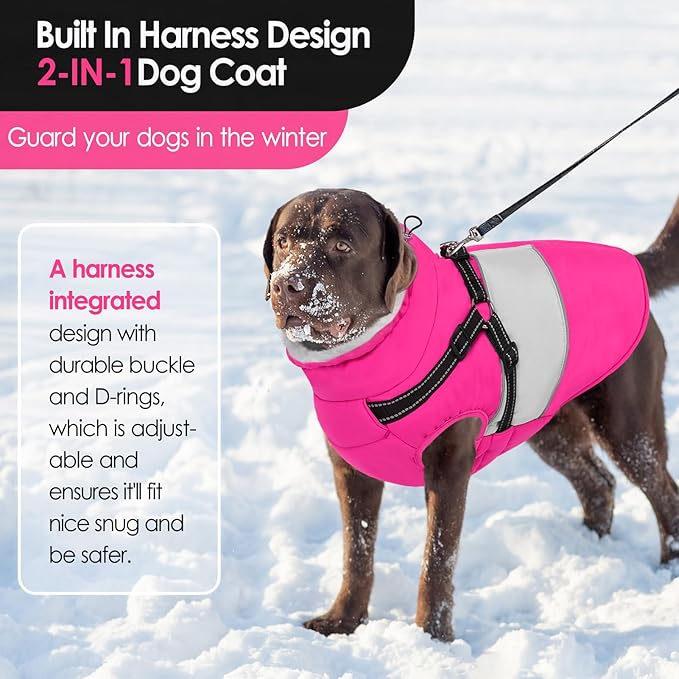 AOFITEE Dog Coat, Large Dog Jacket, Dogs Coat with Harness Built in, Reflective Waterproof Dogs Jackets Winter with Furry Collar, Warm Polar Fleece Pet Sweater Snowsuit for Doberman, Great Dane XXXL