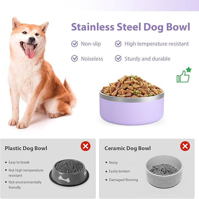 Stainless Steel Dog Bowls, Metal Dog Bowls, Water Bowl for Dogs, Dog Food Bowls, Pet Bowls for Dogs, Dog Dish for Large Dogs, Insulated Dog Bowl, Non Slip Dog Bowl,Easy Clean,40oz,LightPurple