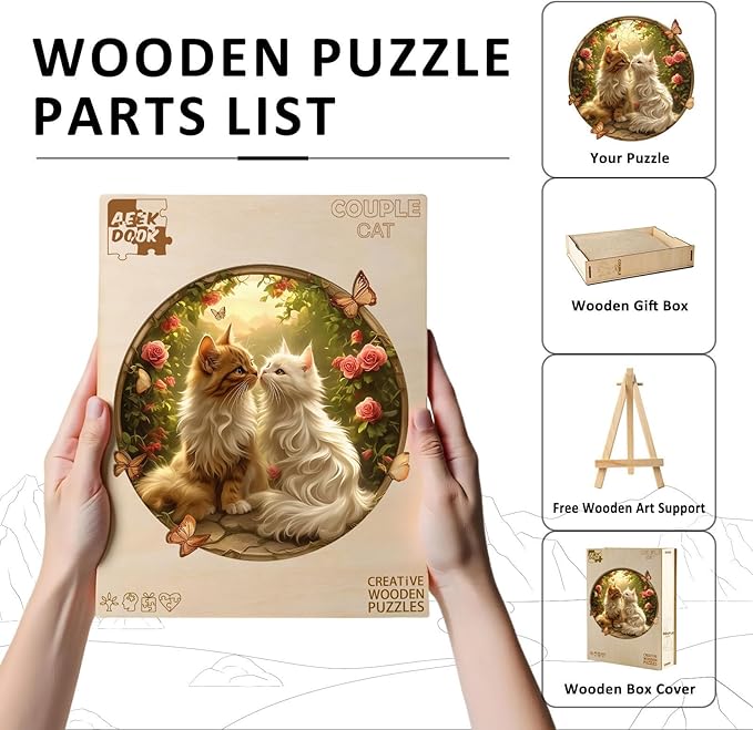 Wooden Puzzle - Couple Cat Wood Puzzles Adult - Unique Animal Shape Wood Jigsaw Puzzles - Birthday Gifts for Cat Puzzle Lovers, Family (11.4 * 11.3in-200 Pieces)