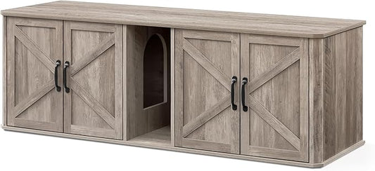 Feandrea Double Cat Litter Box Enclosure, Modern Litter Box Furniture Hidden for 2 Cats, Front Entry, Cat House, Side End Table, TV Stand, 59 x 19 x 19.5 Inches, Heather Griege UPCL010G01