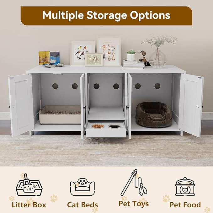 Double Litter Box Enclosure, Hidden Litter Boxes Furniture for 2 Cats, Large Litter Box Cabinet with Cat Feed Station, Cat House, TV Stand, Side Table