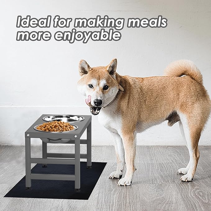 Metal Raised Dog Bowl, 10" Height Tall Elevate Dog Feeder Stand with 2 Stainless Steel 42oz Bowls & 16x24 Non-Slip Mat – Stronger Dogs Food & Water Bowl Stand (Grey)