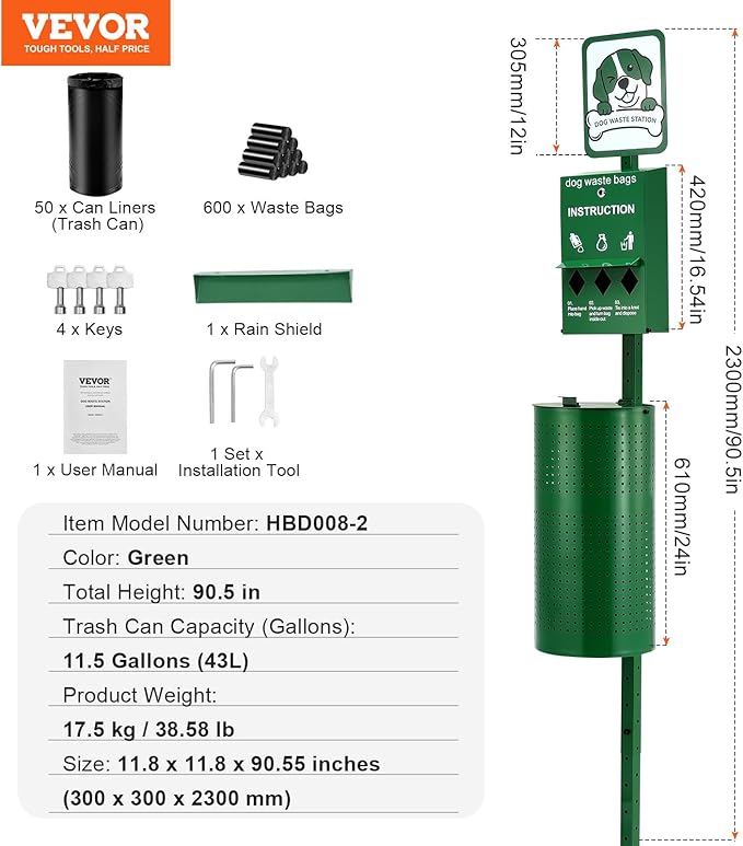 VEVOR Pet Waste Bin, 11.5 Gallon Dog Poop Station with 50 Liners & 600 Bags, Outdoor Dog Waste Disposal System