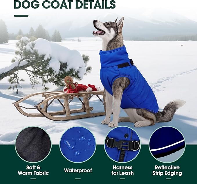 Kuoser Dog Coat, Dog Jackets for Large Dogs, Doggie Winter Coat for Cold Weather, Warm Snow Jacket Pet Apparel Clothes for Great Dane, Blue XXXL