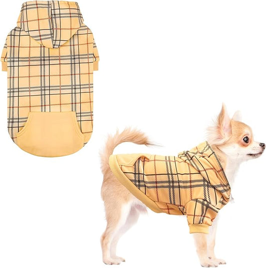 KOOLTAIL Plaid Dog Hoodie for Small Medium Large Dogs,Pet Clothes Sweater with Hat and Pocket for Cold Weather Winter, Soft&Warm Doggy Hooded Sweatshirt Coat Outfit for Puppy Cats Girls Boys Beige S