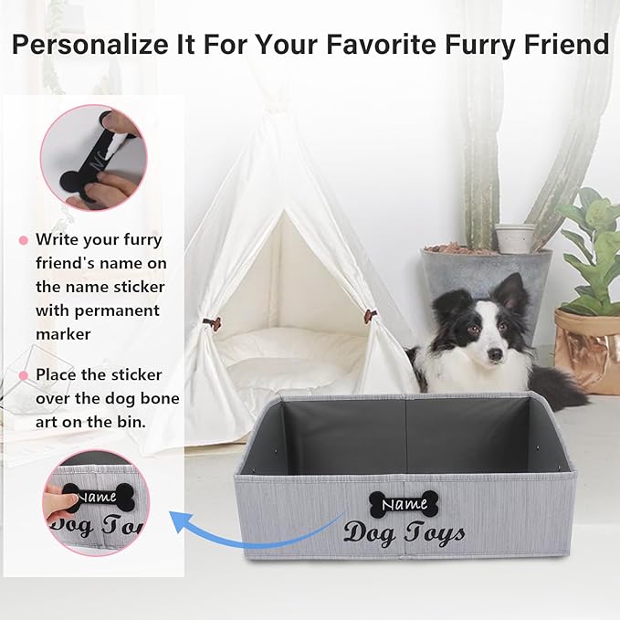 Collapsible Dog Toy Box - Fabric Storage Bin for Organizing Pet Toys/Blankets/Leashes - Personalizable - Slub Gray