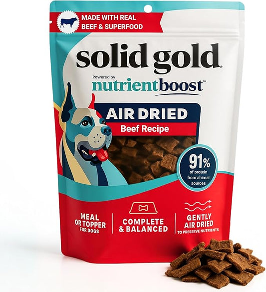 Solid Gold Air Dried Dog Food Toppers for Dry Food - Healthy Dog Treats w/Real Beef & Superfoods - Serve as a Complete Meal, Topper or Treats - Supports Muscle Growth, Immunity & Digestion - 1lb