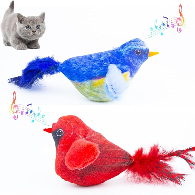2 Pcs Chirping Birds Cat Toys with Catnip SilverVine, Vivid Chirping with Hanging Rope, Touch Activated Squeaky Sound Cats Toy, Interactive Indoor Kitten Kitty Exercise & Kicker Toys