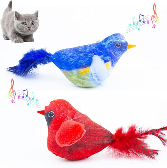 2 Pcs Chirping Birds Cat Toys with Catnip SilverVine, Vivid Chirping with Hanging Rope, Touch Activated Squeaky Sound Cats Toy, Interactive Indoor Kitten Kitty Exercise & Kicker Toys