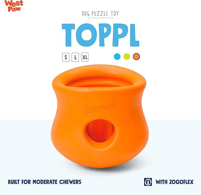 West Paw Zogoflex Toppl Treat Dispensing Dog Toy Puzzle – Interactive Chew Toys for Dogs – Dog Toy for Moderate Chewers, Fetch, Catch – Holds Kibble, Treats, Small 3", Tangerine