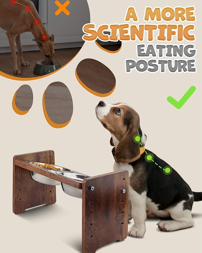 Elevated Dog Bowls, Adjustable Raised Dog Bowl Stand for Small Size Dogs and Cats, Durable Bamboo Dogs Feeder with 2 Stainless Steel Bowls and Non-Slip Feet, Pet Food Bowl for Small Sizes