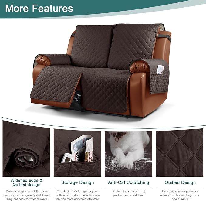 Ruaozz Waterproof Recliner Sofa Cover 1-Piece Couch Covers for Reclining Couches Reclining Sofa Cover Washable Furniture Protector with Elastic Straps Pocket for Kids, Pets (Chocolate, 2 Seater)