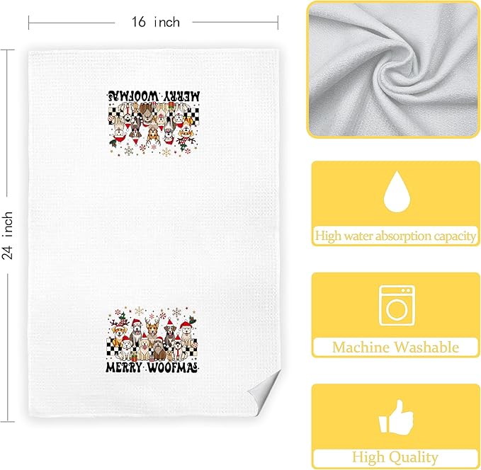 Christmas Dog Kitchen Towels, Merry Woofmas Christmas Hand Towels for Bathroom Dish Towels Tea Towels for Kitchen Decor for Bathroom, 16x24 Inches