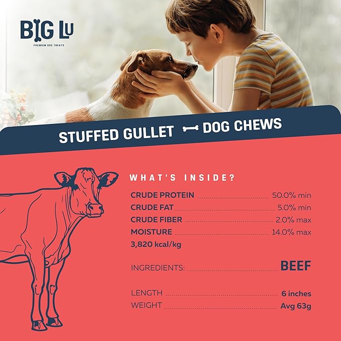 Big Lu - 6-Inch Stuffed Gullet Sticks, 20 Count, Premium Beef Dog Treats, All-Natural, High-Protein, Easily Digestible Chews for Dogs, Supports Dental Health and Joint Mobility