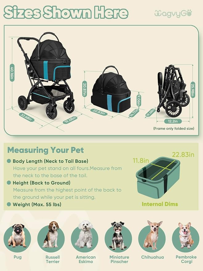 Small Dog Stroller, Pet Stroller for Small Dogs, 5-in-1 Dog Strollers - Fold All in One Without Detaching Carrier, Pet Strollers with Removable Waterproof Carrier for Dogs Cats 10 lbs 20 lbs - Black