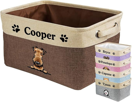 Custom Dog Basket for Toys Collapsible Storage Bin Grey Brow Pink Purple Blue Rectangular Pet Storage Organizer Box with Handles Medium Customized Name & Dog Breed