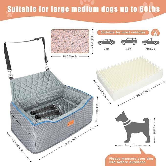 Dog Car Seat Large Size Dog, Washable Large Dog Car Seat, Detachable Memory Foam Pet Car Seat, Dog Booster Car Seat for Large Dogs 60 lbs, with 2 Dog Seat Belt and Dog Blankets