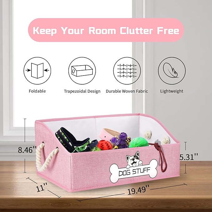 Collapsible Fabric Dog Toy Box and Storage Bin With Handle - Trapezoid Basket Chest Organizer for Pet Toys, Blankets and Accessories, Pink