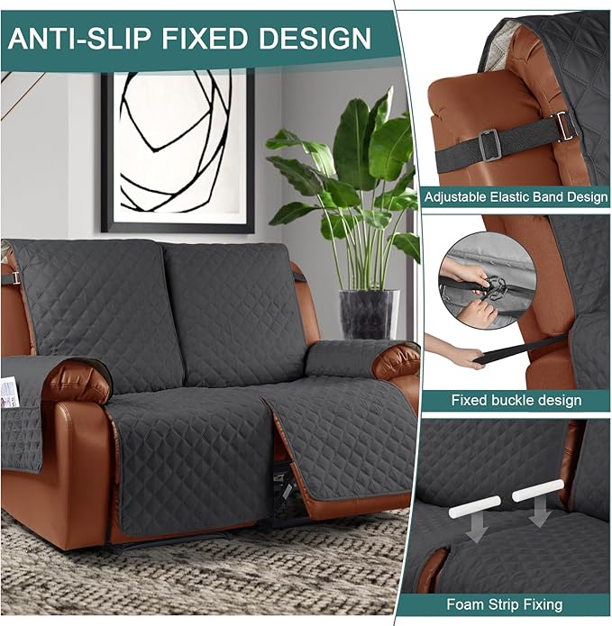 Ruaozz Waterproof Recliner Sofa Cover 1-Piece Couch Covers for Reclining Couches Reclining Sofa Cover Washable Furniture Protector with Elastic Straps Pocket for Kids, Pets (Charcoal Grey, 2 Seater)