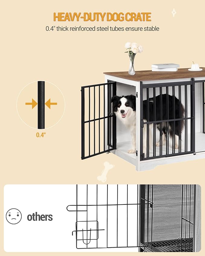XL Large Dog Crate Furniture, 44.1" Indoor Dog Kennel Furniture with Barn Door, Wooden Tall Dog Crate, Heavy Duty Dog Cage for Large Dogs, Side End Table, Anti-Chew, White Brown DFC80114B
