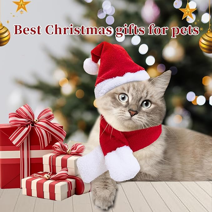 Cat Santa Hat with Scarf, Christmas Costume Suit for Cats Small Dogs Rabbits Doll, Holiday Party Decoration for Pets, Red S