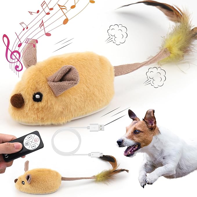 Mity rain Interactive Dog Toys, Fake Remote Control Dog Toy to Keep Them Busy, Dog Mouse Toy with Realistic Sound & Extended Tail, Automatic Dog Toy for Cats Dogs Pet, Squeaky Dog Toys Yellow