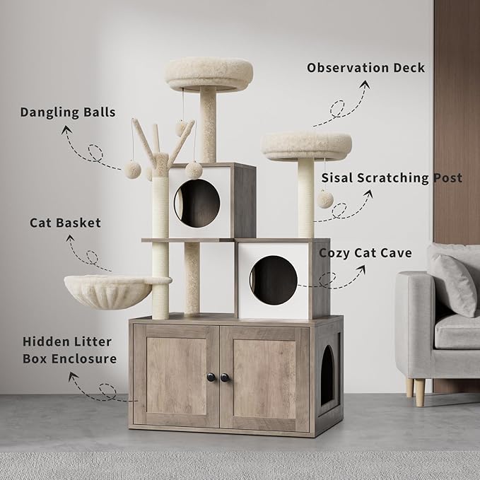Litter Box Enclosure with Cat Tree Tower and Condo, Hidden Cat Washroom Furniture with Sisal Scratching Post & Soft Plush Perch, Wooden Cat Furniture with Multiple Platforms,Griege