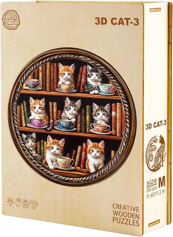 KAAYEE Wooden Puzzles for Adults, Cat Coffee Library 200 Piece Unique Animal Shape Puzzle, Cat Wood Puzzle for Adults, Creative Gifts for Friends/Family, Home Decor(11.4 * 11.4in)