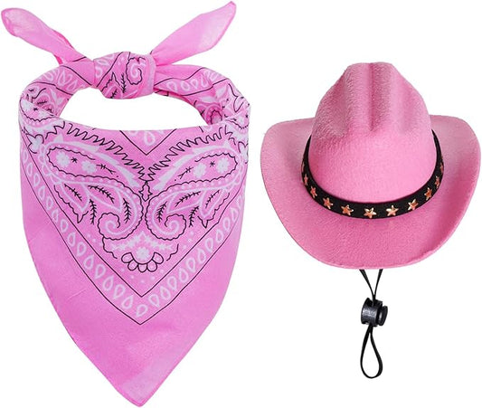 Pet Cowboy Costume Halloween Costumes for Small Pet Dogs Cat Cowboy Hat with Bandana Scarf Set Party Accessories (Pink, Small)