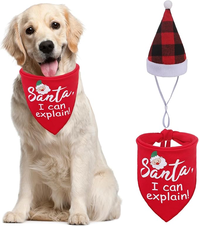 PUPTECK Dog Christmas Bandana Scarf with Cute Doggy Santa Hat Suit, Costume Ornaments for Small Medium Large Dogs Boy Girl Outfit Presents, Red
