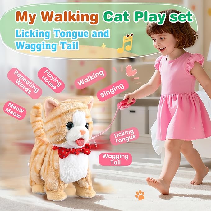 Yellow Pattern Leash Walking Cat Set Interactive Talking Toy Singing Dancing Kitten Mimicking Repeat What You Say Kitty Touch and Voice Control Nodding Wagging Tail Plush Electric Robot for Kid Girl