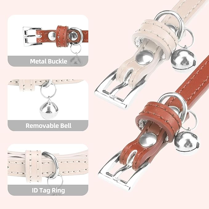 PUPTECK 2 PCS Soft Genuine Leather Cat Kitten Collar with Bells Adjustable for Girl Boy Cats Puppy - Cream, Brown