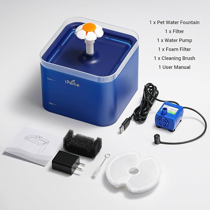 iPettie Neverland Cat Water Fountain with LED Light, 67oz/2.0L, Ultra Quiet Drinking Waterer, Automatic Filtered Water Dispenser, Water Purifier for Pets, Blue