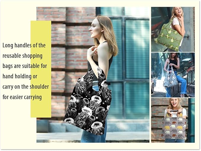 BeeGreen Raccoon Reusable Grocery Bags Frog Elephant Penguin Jellyfish Shopping Bags Bulk 50LBS X-Large Heavy Duty 6 Pieces