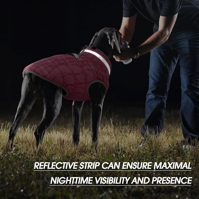 FUAMEY Dog Coat for Large Dogs,Waterproof Dog Winter Jacket with Harness Built in Puppy Cold Weather Coats Reflective Pet Vest with Zipper Warm Fleece Dogs Snowsuit Windproof Rose Plaid 2XL