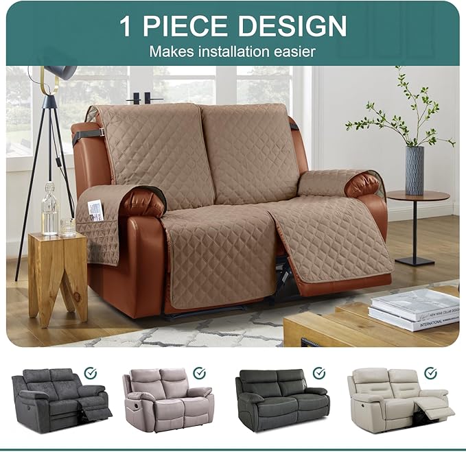 Ruaozz Waterproof Recliner Sofa Cover 1-Piece Couch Covers for Reclining Couches Reclining Sofa Cover Washable Furniture Protector with Elastic Straps Pocket for Kids, Pets (Light Brown, 2 Seater)