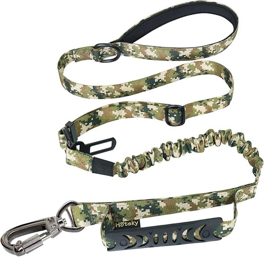 Hotsky Tactical Dog Leash Heavy Duty for Medium Large Dogs That Pull,4-6Ft Strong Bungee Shock Absorbing No Pull Dog Leash with Padded Double Handle and Car Seatbelt,Army Camo