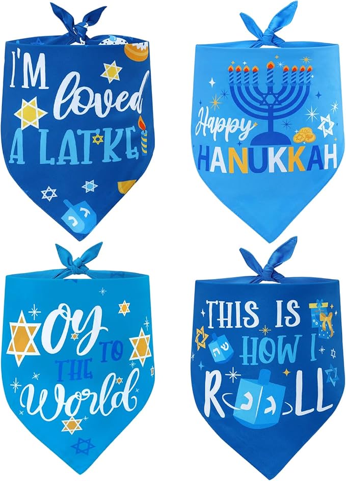 Hanukkah Dog Bandanas 4 Pack Chanukah Menorah Pet Scarf Set Reversible Triangle Bibs Kerchief Gift for Dog Pet Holiday Costume Accessories