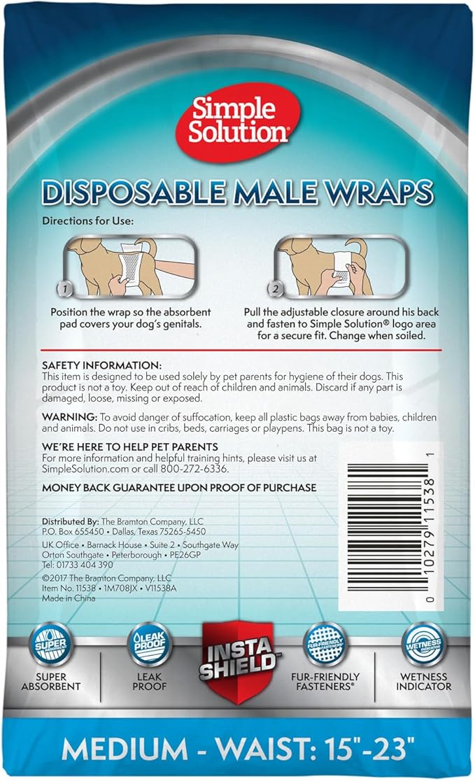 Simple Solution Disposable Wraps for Male Dogs, Dog Diapers, Male Dog Wraps, Leak Proof with Wetness Indicator, Potty Training, Doggie Diaper for Incontinence, 15 – 23 Inch Waist, (M,12 Count)